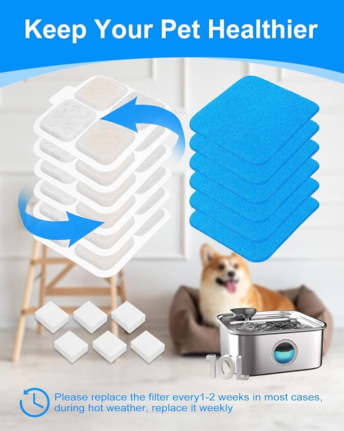 Dog Water Bowl Dispenser Compatible with oneisall PW07 10L/2.64Gal 304 Stainless Steel Dog Water Fountain,Multilayer Filters System, 6 Set