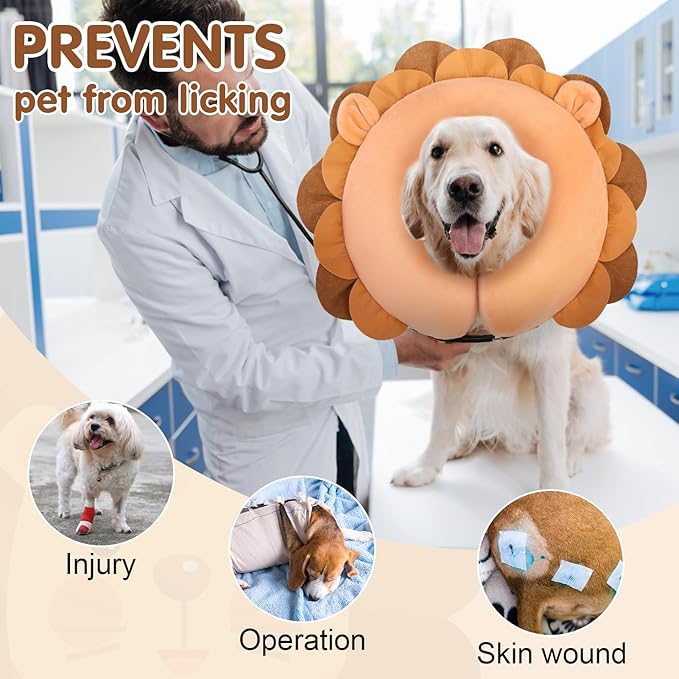 BEAUTYZOO Dog Cone Alternative After Surgery for Large Medium Small Dogs, Soft Inflatable Cone Collar for Dogs Cats, Dog Neck Donut E Collar Dog Recovery Collar to Stop Licking, Lion, XL