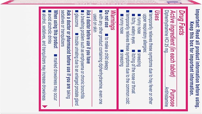 Benadryl Ultratabs Allergy Medicine, 25 mg Diphenhydramine HCl Antihistamine Tablets For Cold & Allergy Relief of Symptoms Like Sneezing, Runny Nose, Itchy Eyes & Throat, Hay Fever, 100 Count Tablets