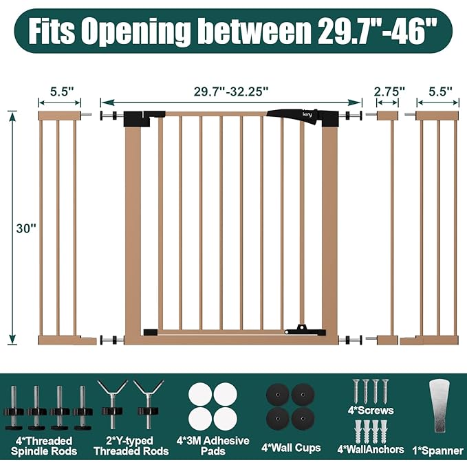 keny 29.7"-46" Baby Gate for Stairs, Auto Close Dog Gates for Doorways, Pressured Mounted No Drilling Pet Gate Extra Wide, Easy Walk Thru Stair Gate, 30" Tall, Brown