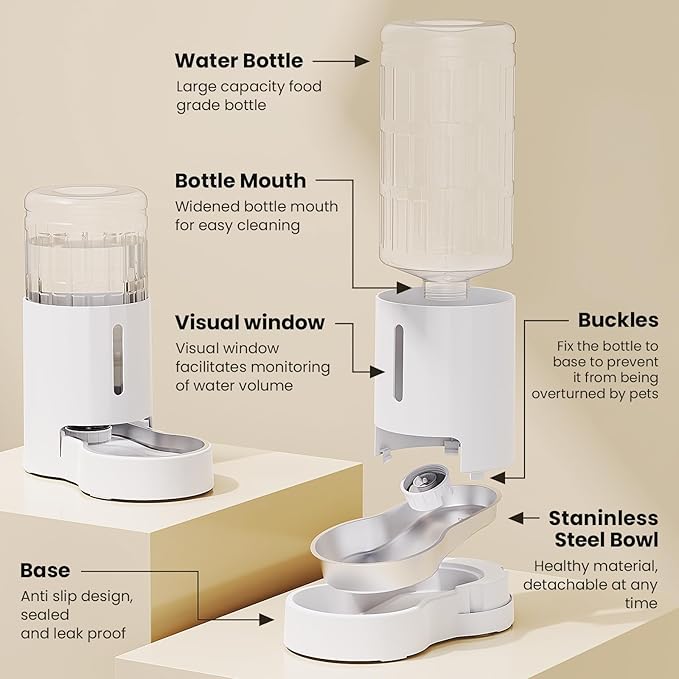 CZPET Elevated Dog Water Bowl Dispenser for Large Dogs,8L Tall Raised Pet Waterer Stand,Relieve Neck Pressure,Large Capacity and Drinking Area Noise-Free for Pets (8L+Stand,White)