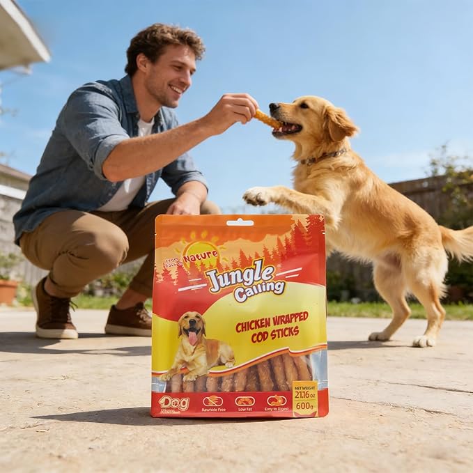 Jungle Calling 35-Count Rawhide Free Dog Treats, 4.5-Inch Chicken Wrapped Cod Sticks for Dogs, Easily Digestible Long Lasting Dog Chews, Soft & Chewy Dog Treats for Training Small Medium Dogs, 1.32 lb