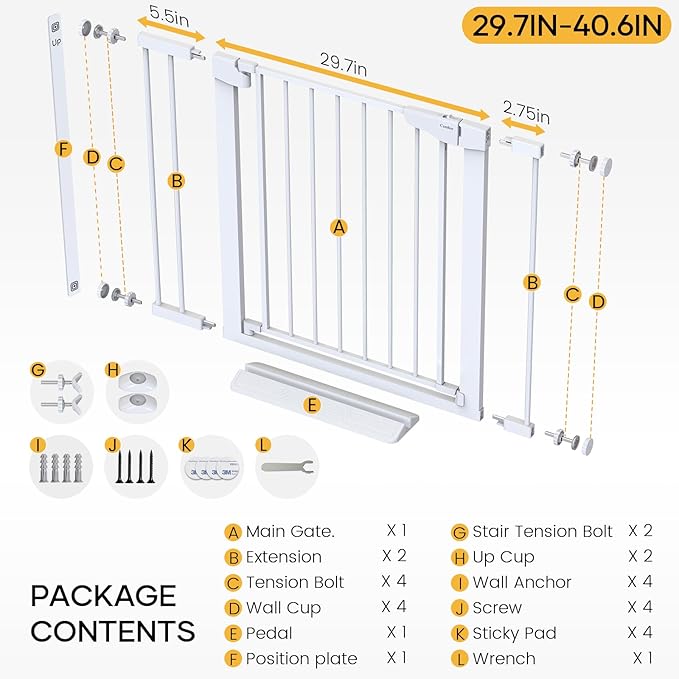 Cumbor 36" Extra Tall Baby Gate for Stairs, 29.7-40.6" Wide Dog Gate for Doorways, Pressure Mounted Auto-Close Pets Gates for Dogs Indoor, Durable Safety Child Gate, Mom's Choice Awards Winner, White