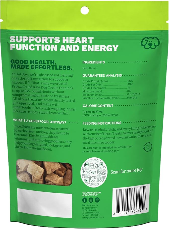 Get Joy Freeze Dried 100% Beef Heart Dog Treats, 2oz | Single Ingredient Organ Meat, High Protein Raw Dog Food Topper, Snack & Training Rewards | Grain Free, Gluten Free, Filler Free