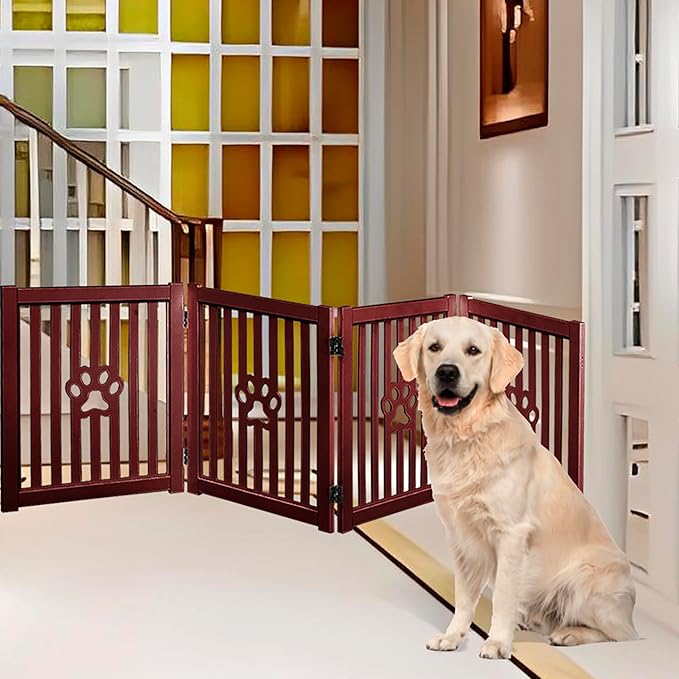 4 Panel Dog Gate - Mahogany - Foldable Wooden Freestanding Pet Gate, 80" L x 23.6" H, for Doorways, Halls & Stairs, 360 Degree Rotated Hinges