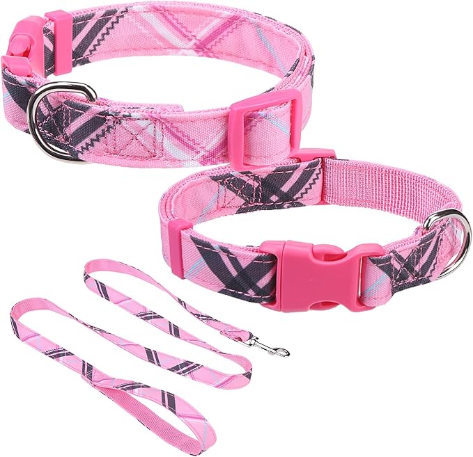 Dog Collar and Leash Set for Small Dogs, Adjustable Soft Puppy Collar with Quick Release Buckle, 5FT Heavy Duty Nylon Matching Leash for Boy Girl Chihuahua, Yorki, Bulldog, Pink S