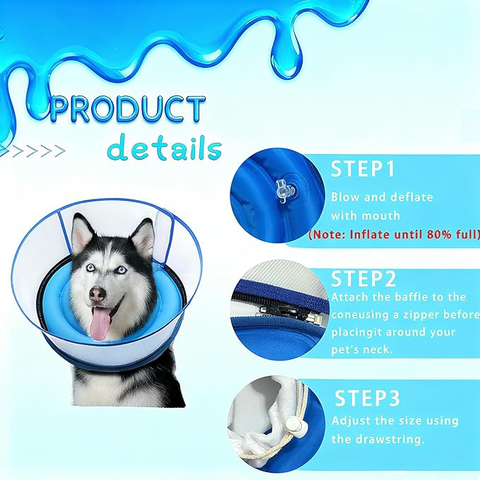 2-in-1 Soft Inflatable Dog Cone Collar Alternative with Enhanced Anti-Licking Guard Shield, Dog Collar After Surgery, Adjustable Recovery Cones for Large Medium Small Dogs and Cats(Blue, M+)
