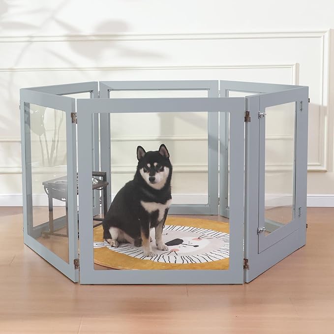 Heavy Duty Clear Acrylic Dog Playpen, 32" Height Transparent Pet Pen, Metal Frame Easy Assemble Kennel Enclosure, Ideal for Small to Medium Dogs, Cats, and Other Small Pets (Grey, 2 Panels)