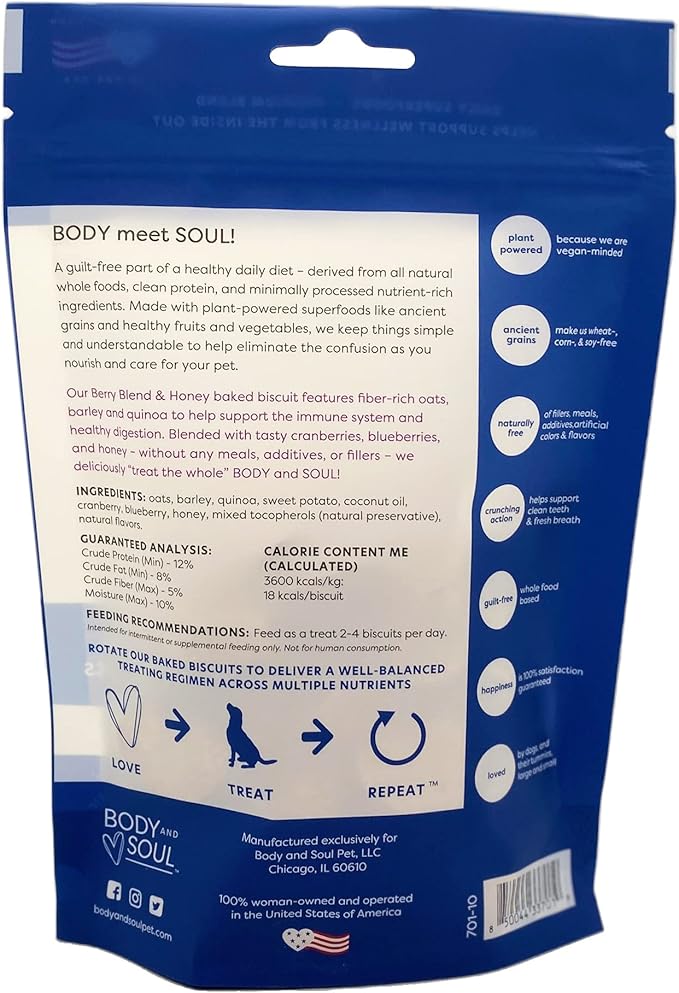 Body and Soul Berry Blend + Honey Crunchy Premium Training Dog Treats Superfood Oven Baked Biscuits Oats Barley & Quinoa - Clean Natural Plant Protein, No Additives No Fillers Made in USA 2Pk (20oz)