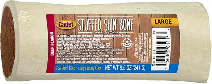 Cadet Stuffed Shin Bone, Highly Digestible, High Protein, Long-Lasting Dog Chew Bone for Aggressive Chewers, Supports Dental Health, Beef Flavor, Large, 1 Count (Pack of 2)