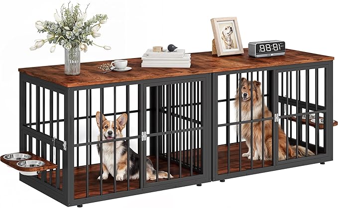 YITAHOME 77.6" Large Corner Dog Crate Furniture for 2 Dogs, Steel Frame Cage with Double Doors & Bowls & 3 Doors, Double Dog Crate Furniture TV Stand for Medium Large Dogs, Brown