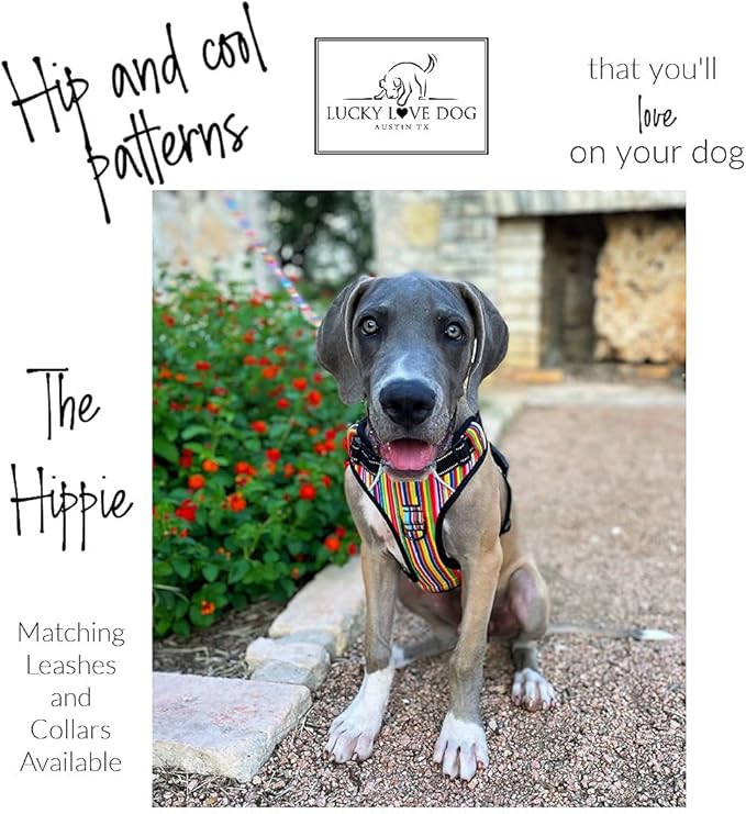 Lucky Love Dog No Pull Dog Harness, Adjustable and Easy to Walk, Cute Patterned Harness for Large Male & Female Dogs - Hippie, Large