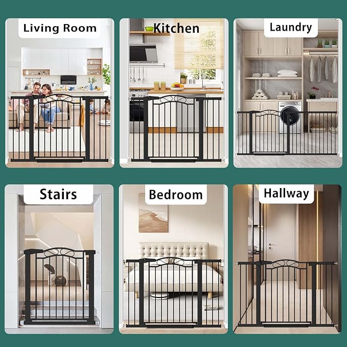 Black Baby Gate with Door-Walk Through Baby Gates for Stairs Pressure Mounted no Drill-Indoor Tension Metal Child Pet Dog Safety Gate 37.80"-40.55" Wide