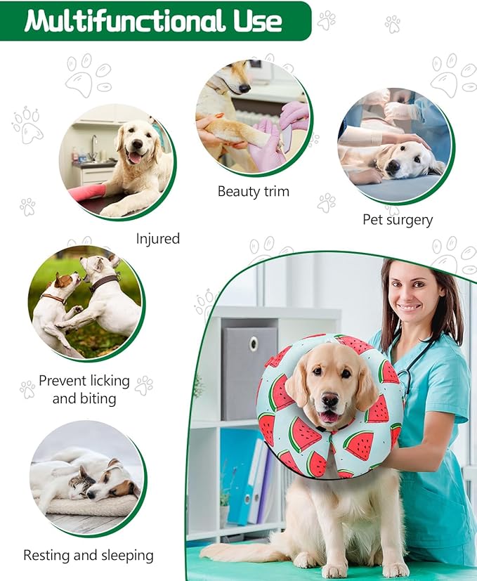MIDOG Inflatable Dog Cone Alternative for After Surgery - Soft Protective Donut Collar Prevents Licking, Comfortable Recovery E-Collar Alternative for Small Medium Large Dogs (Watermelon,XS)