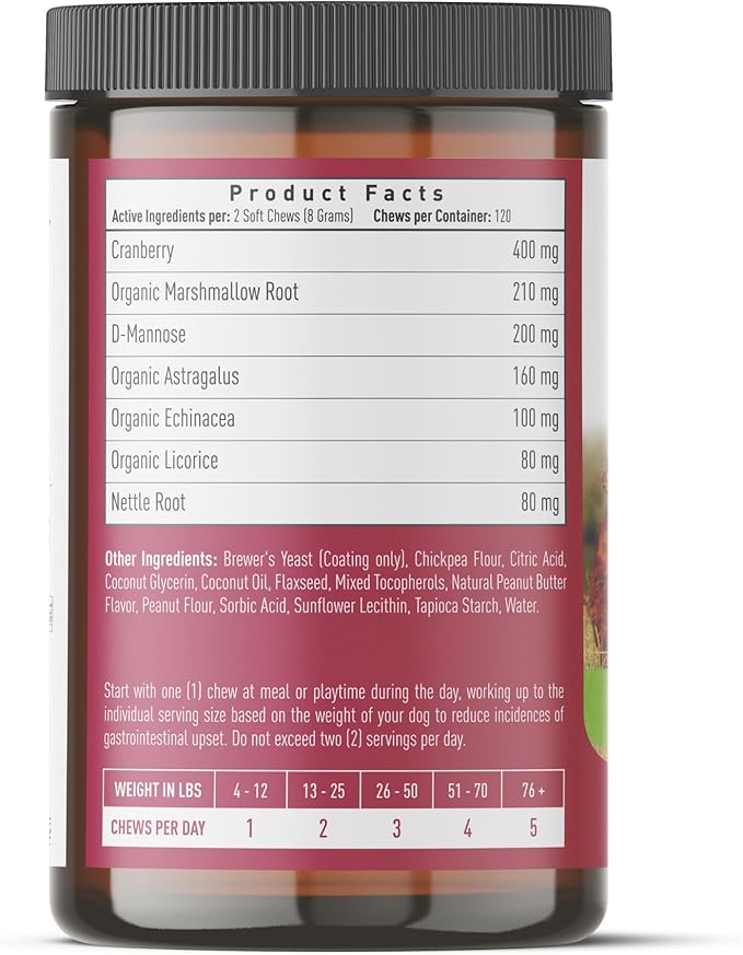 Strawfield Pets Cranberry Bladder & UTI Chews for Dogs D-Mannose + Vitamin C for Urinary Tract Support Peanut Butter Flavored Soft Chews 120 softchews