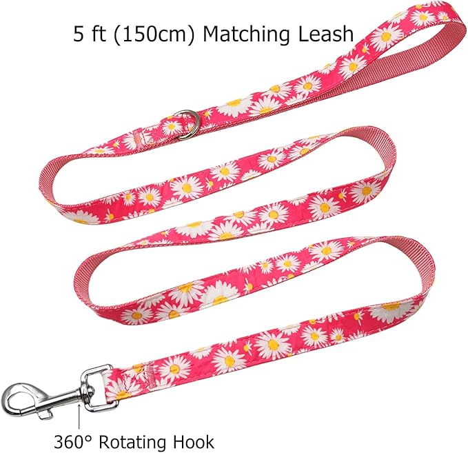 Dog Collar Leash Set, Floral Pattern, Nylon Webbing Plus Cotton Ribbon, 5ft Matching Leash, for Medium Dogs.(M, Pink Daisy)