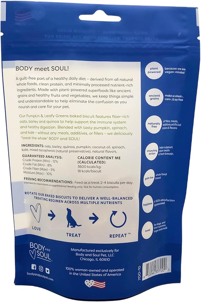 Body and Soul Pumpkin + Leafy Greens Crunchy Premium Training Dog Treat Superfood Oven Baked Biscuits Oats Barley & Quinoa - Clean Natural Plant Protein, No Additives No Fillers Made in USA 2Pk (20oz)