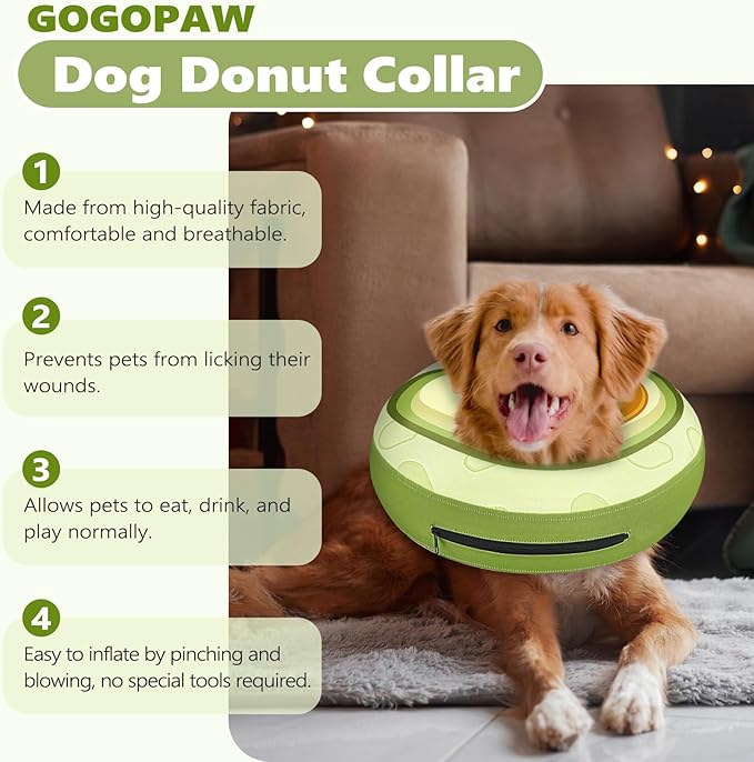Inflatable Dog Cone Collar to Stop Licking, Soft Neck Donut Collar After Surgery, Adjustable Recovery Cone for Small Medium Large Dogs (Avocado,XS)