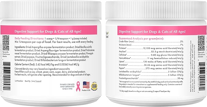 Wholistic Pet Organics Daily Cat & Dog Probiotics for Digestive Health, Anti Diarrhea & Gut Support - Probiotics for Dogs with Digestive Enzymes & Prebiotic Fiber - Cat Probiotic - 4 Oz - 113 Scoops