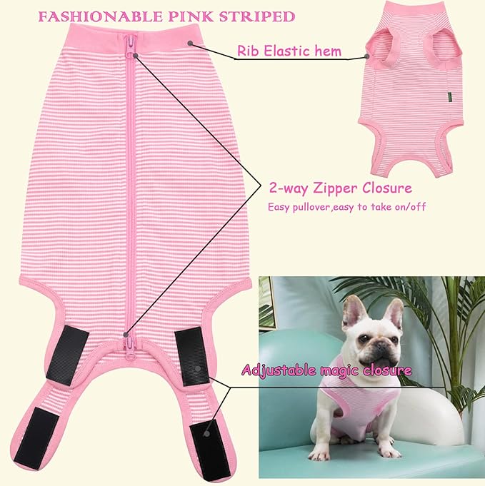 Dog Recovery Suit Pink Female Spay Surgical Large Shirt, Male Surgery Recovery Suit,Pink-White Striped XXL