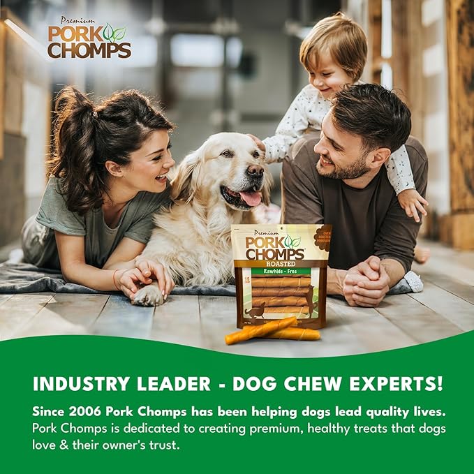 Pork Chomps Dog Chews, Roasted Pork Skin, 6-inch Twists | 15 Count | Pack of 2