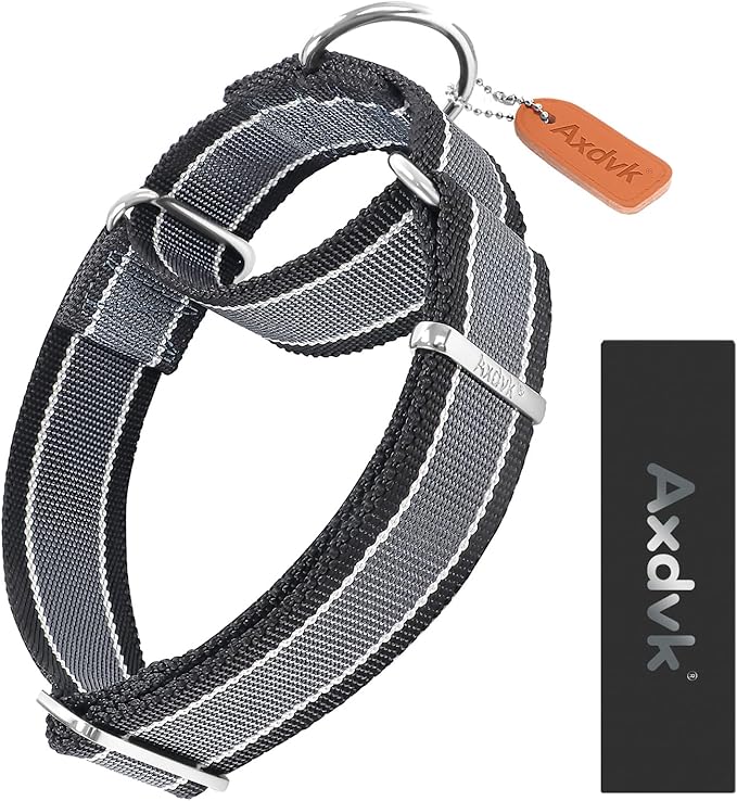 Martingale Collar 1.5 Inch Wide 1600D Extra Strong Anti Escape Nylon Dog Collar, No Pull Heavy Duty Pet Collars with 3-Color Stripe for Large to XLarge Dogs(XL, Gray Blue & Black)