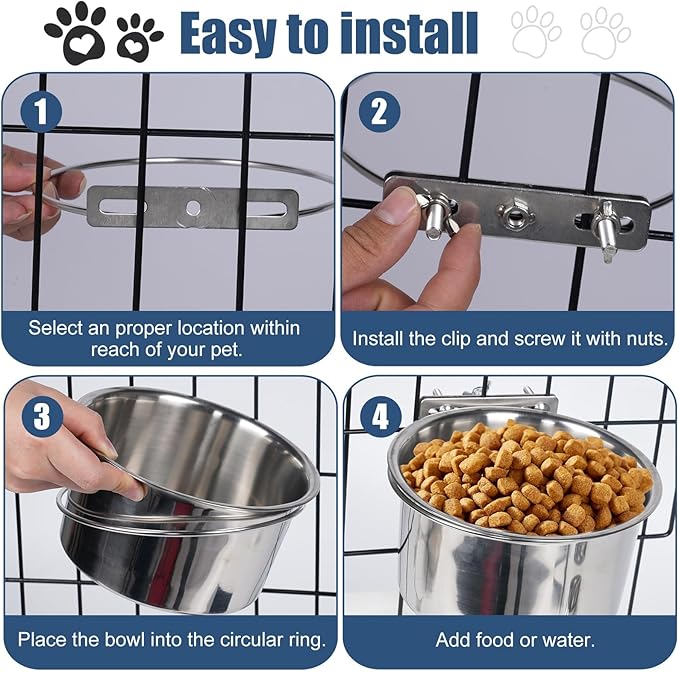 Dog Crate Water Bowl No Spill, 2 Pack Stainless Steel Large Dog Bowls, Hanging Dogs Kennel Water and Food Bowls for Crate Cage,Metal Feeder Dish Coop Cup for Medium Large Dogs Pets
