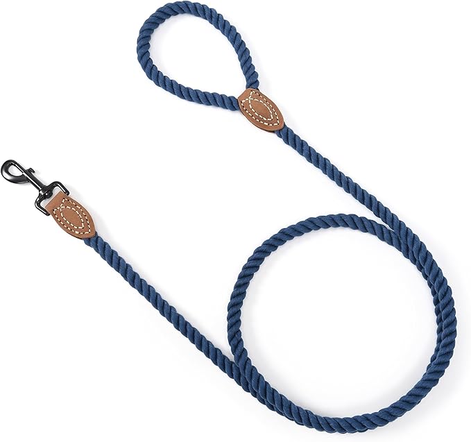 Mile High Life Dog Leash, Braided Cotton Rope Leashes with Leather Tailor Tip with Leather Tip - Heavy Duty Metal Clasp, 4FT, 1/2" Thick - Wedding, Walking Leash for Medium Large Dogs(Navy)
