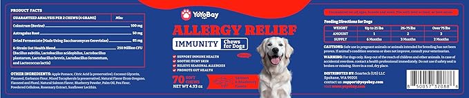 Dog Allergy Relief Chews – 70 Soft Chews, Salmon & Blueberry Flavor - Immune Support & Itch Relief with Colostrum, Astragalus Root, 6-Strain Gut Health Blend
