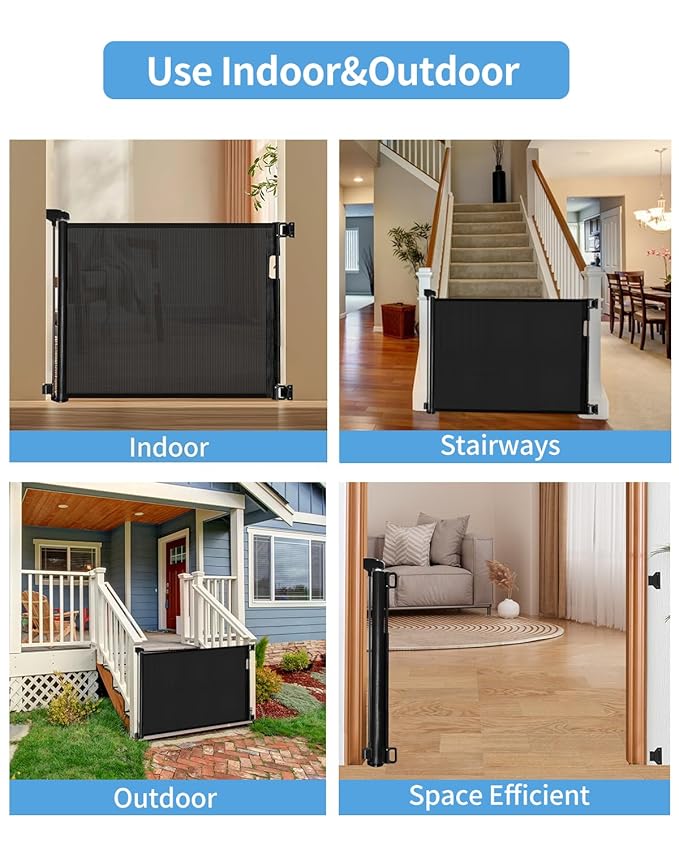 Veraste Retractable Baby Gate for Doorways and Stairs, Mesh Safety Gate for Pet, Indoor & Outdoor Use, One-Hand Operation, Easy Installation, 33.6" Tall, Expands to 71" Wide(Black,33.6"x71")