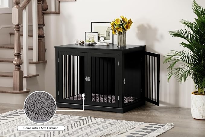 PUPETPO Large Dog Crate Furniture, Wooden Dog Kennel with Cushion, Dog Crate End Table Large, Indoor Dog Kennel, Modern Decorative Dog Crates with Flip Top, Chew-Proof Metal Bars, Black