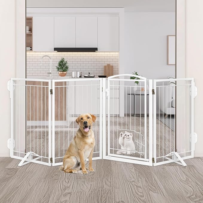 Metal Free Standing Dog Gate with Cat Door for Indoor/Outdoor,40" Extra Wide Foldable Pet Gate,32" Tall Foldable Indoor Dog Fence for Large Openings Stairs,Deck,Yard,Doorways(2 Panels,White)