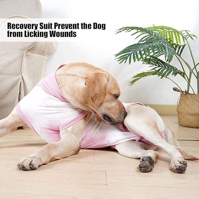 Breathable Dog Recovery Suit for Medium Large Dogs Onesie Tie Dye Pjs for Abdominal Wounds, Shedding, Prevent Licking S Pink2