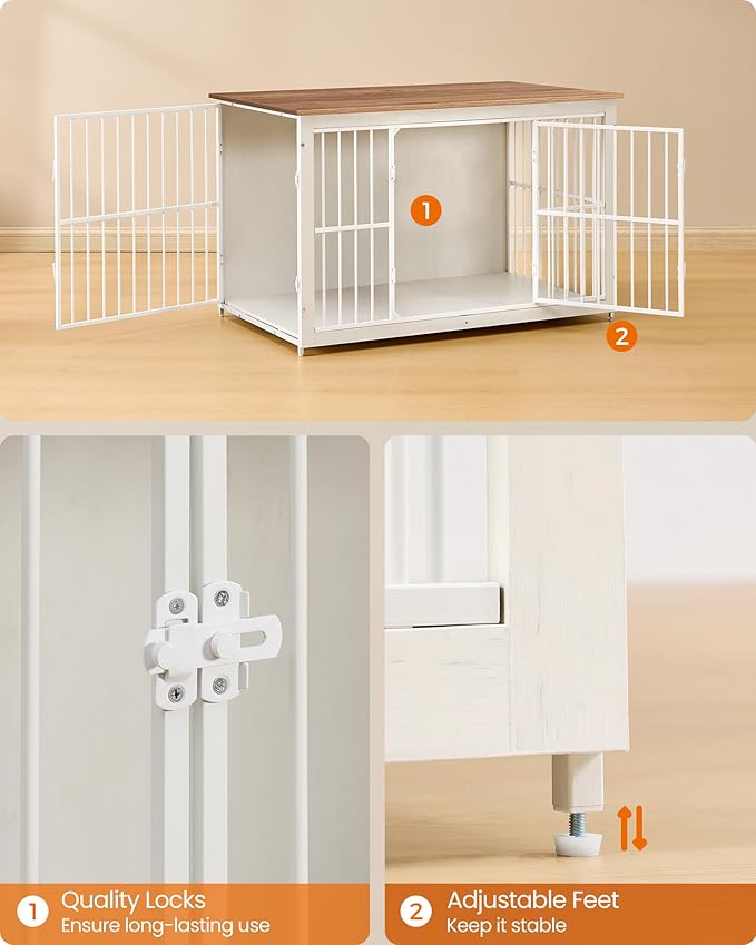 Feandrea Wooden Dog Crate Furniture, 48 Inches Heavy-Duty Kennel for Dogs up to 110 lb, with Double Doors and Enclosed Wood Base, Modern Pet Cage End Table Indoor, Rustic White and Honey Brown