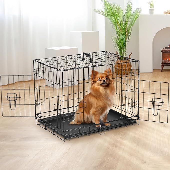 Simple Deluxe 24-Inch Small Dog Crate with Divider, Double Door Folding Metal Wire Cage with Leak-Proof Plastic Tray, Portable Pet Kennel for Indoor, Outdoor, and Travel