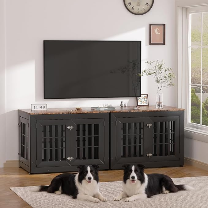 Snuowu 38" Heavy Duty Dog Crate Furniture for Small,Medium and Large Dogs,Rustic Wooden Dog Cage Kennel Indoor Furniture with Waterproof Top,Decorative Pet House Side End Table (Black & Wood)