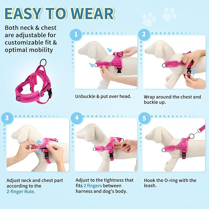 SlowTon No Pull Small Dog Harness and Leash Set, Puppy Soft Vest Harness Neck & Chest Adjustable, Reflective Lightweight Harness & Anti-Twist Pet Lead Combo for Small Medium Dogs (Fuchsia, XS)
