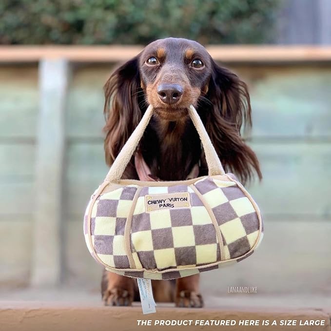Haute Diggity Dog Chewy Vuiton Handbag Plush Squeaky Dog Toy, Soft Durable Designer-Inspired Stuffed Puppy Chew Toys for Small & Medium Dogs, Machine-Washable (Tan Checker) Large