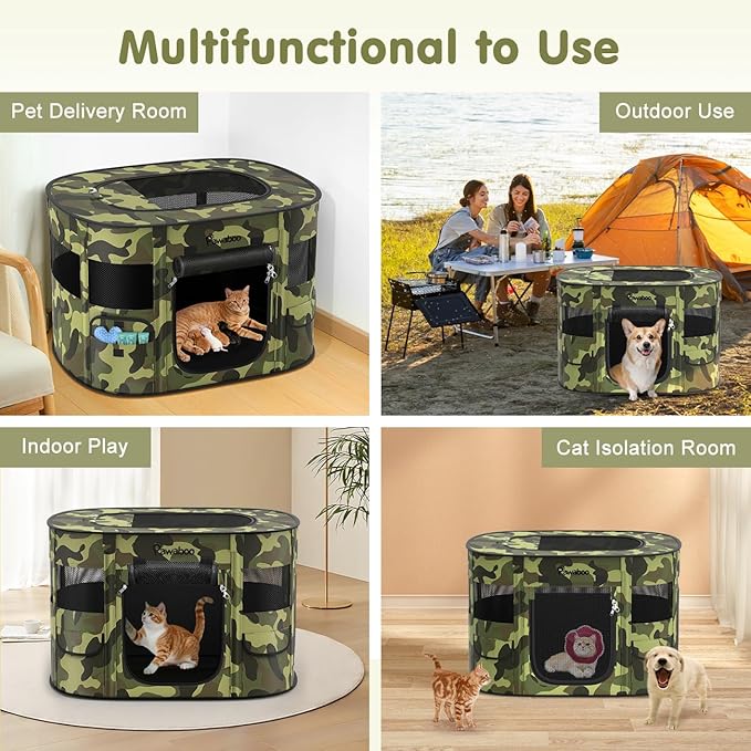 Dog Playpen, Portable Pet Cat PlayPen, 600D Oxford Dog Kennel Tent Crate, Waterproof&Breathable, Indoor Outdoor Travel Camping for Medium/Large Breed with Carrying Case+Bowl(M), Black Camouflage