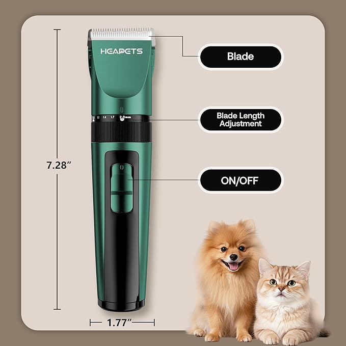 HEAPETS Dog Clippers for Grooming, Low Noise, Electric Quiet, Adjustable Clipper Comb, Rechargeable Cordless Dog Hair Clippers for Dogs Cats Pets, Green