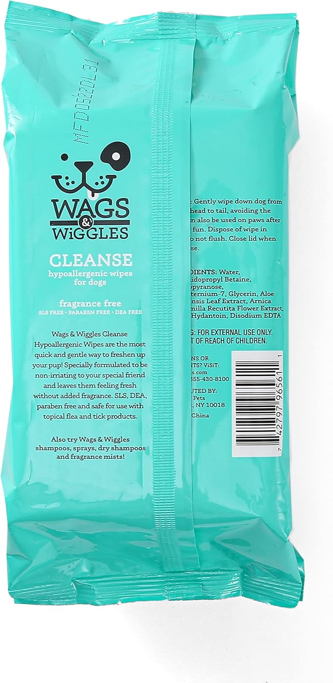 Wags & Wiggles Hypoallergenic Dog Wipes for Sensitive Skin, Fragrance Free Waterless Cleansing Towelettes for Paws Face Body & Rear, No SLS DEA Parabens, 100 Count - 2 Pack