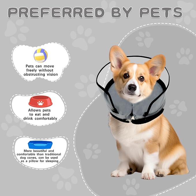 MRSOHRET Dog Cone, Dog Surgery Collar, Inflatable Cones for Small Medium Large Dogs, Grey Recovery Collar, Does not Impede Vision (M Grey)
