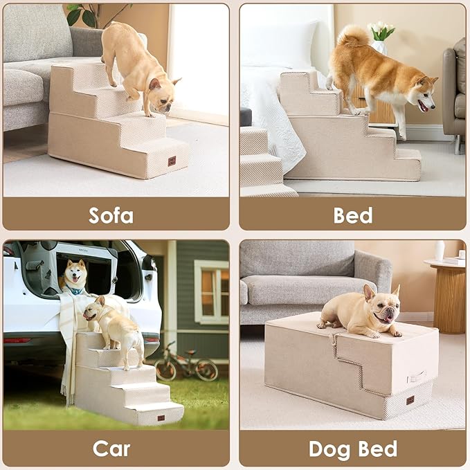 EHEYCIGA Dog Stairs for High Bed 22.5" H, 5-Step Dog Steps for Bed, Pet Steps for Small Dogs and Cats, Non-Slip Balanced Pet Ramp Indoor, Beige