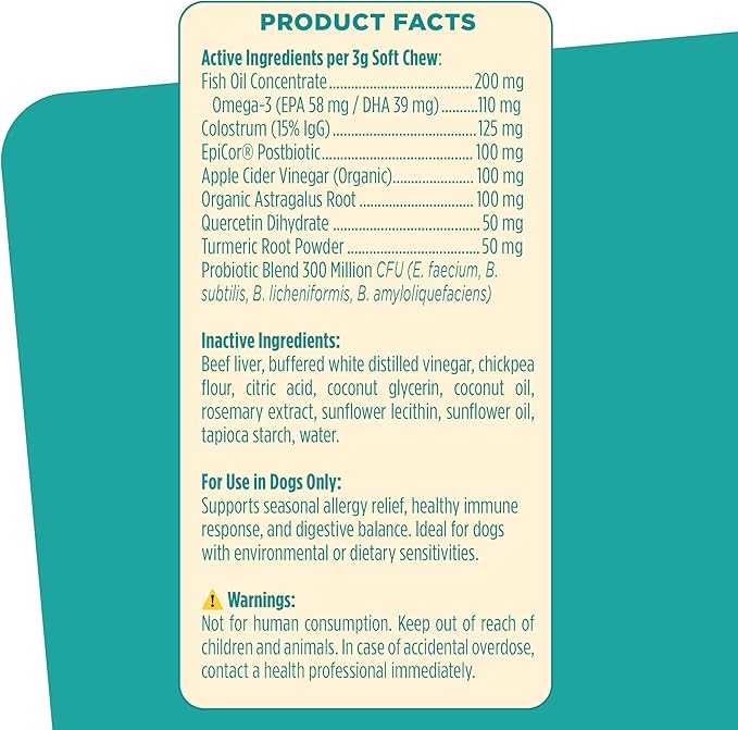 Daily Allergy + Immune Relief Dog Supplement Chews with Probiotics & Omega-3s for Itchy Skin and Ears, 50 Tasty Beef Liver Soft Chews for Dog Allergy Relief