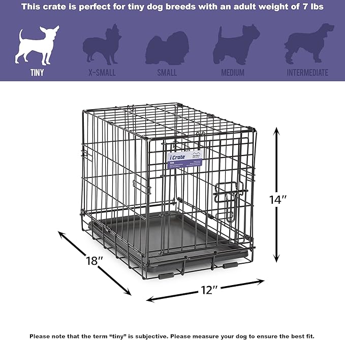 MidWest Homes for Pets 18-Inch iCrate for Tiny Breeds, Up to 10 lbs, Single Door Folding Dog Crate with Divider Panel, Leak-Proof Tray & Secure Latch, Portable, Durable & Easy to Assemble