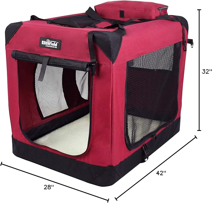 EliteField 3-Door Folding Soft Dog Crate with Carrying Bag and Fleece Bed (2 Year Warranty), Indoor & Outdoor Pet Home (42" L x 28" W x 32" H, Maroon)
