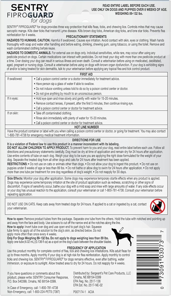 Sentry Fiproguard for Dogs, Flea and Tick Prevention for Dogs (89-132 Pounds), Includes 6 Month Supply of Topical Flea Treatments