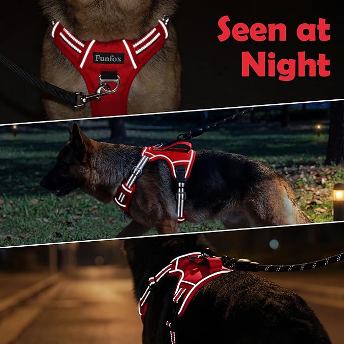 Funfox Dog Harness No Pull, Adjustable Pet Vest Harness, Super Soft Material with Vertical Handle Easy Control, Reflective Night Walking, 2 Leash Clips for XLarge Dogs, Red, XL