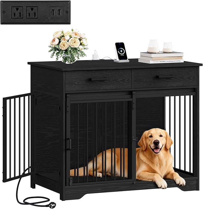 Hzuaneri 38.2'' Dog Crate Furniture with Charging Station, Barn Door Dog Kennel Indoor with 2 Storage Drawers, Wooden Pet Cage End Side Table for Medium/Large Dogs, Chew-Proof, Black DFC90304B