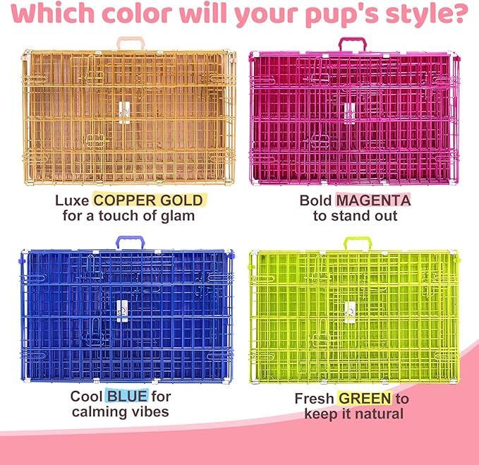 HOMEY PET 36 Inch Dog Crate, Cute Pink Dog Cage Collapsible Medium Dog Kennel Indoor, Nano-Coated Metal Wire Dog Crate with Removable Floor Grid Tray, Double Doors Dual Locks, Portable Handle